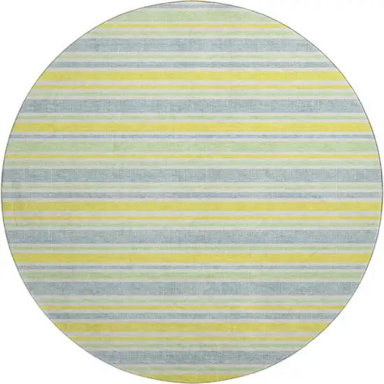 8' Denim Blue And Yellow Striped Washable Round Rug With UV Protection Photo 1