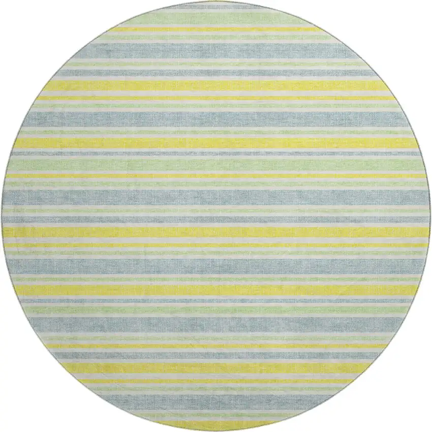 8' Denim Blue And Yellow Striped Washable Round Rug With UV Protection Photo 1
