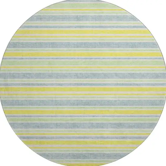 8' Denim Blue And Yellow Striped Washable Round Rug With UV Protection Photo 4
