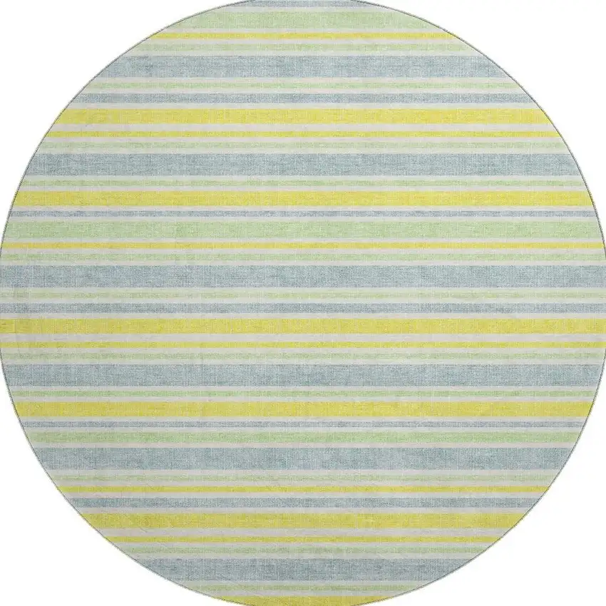 8' Denim Blue And Yellow Striped Washable Round Rug With UV Protection Photo 4