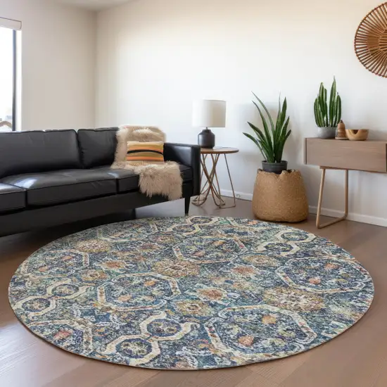 8' Denim Blue Beige And Brown Round Floral Washable Indoor Outdoor Area Rug Photo 8