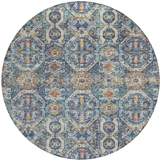 8' Denim Blue Beige And Brown Round Floral Washable Indoor Outdoor Area Rug Photo 6