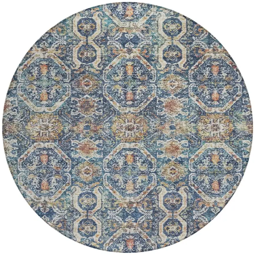 8' Denim Blue Beige And Brown Round Floral Washable Indoor Outdoor Area Rug Photo 6