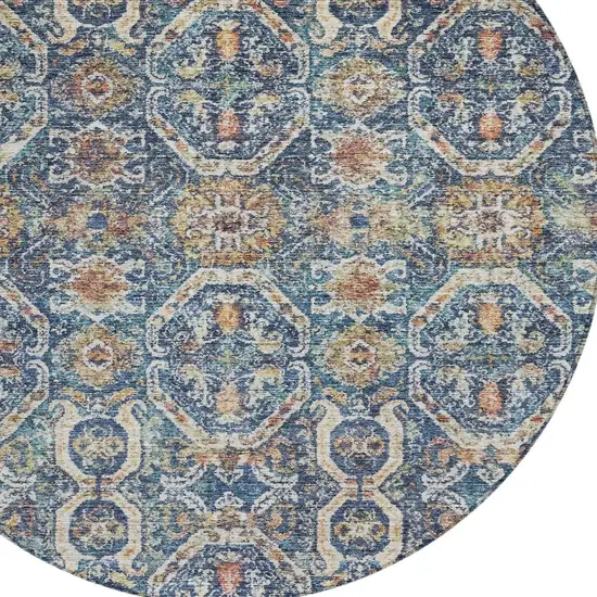 8' Denim Blue Beige And Brown Round Floral Washable Indoor Outdoor Area Rug Photo 5