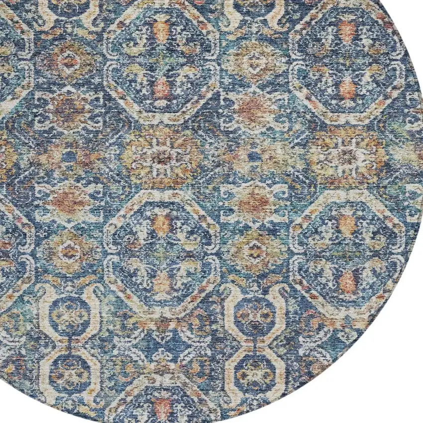8' Denim Blue Beige And Brown Round Floral Washable Indoor Outdoor Area Rug Photo 5