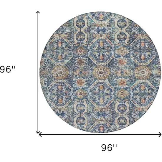 8' Denim Blue Beige And Brown Round Floral Washable Indoor Outdoor Area Rug Photo 3