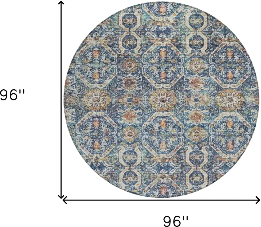 8' Denim Blue Beige And Brown Round Floral Washable Indoor Outdoor Area Rug Photo 3