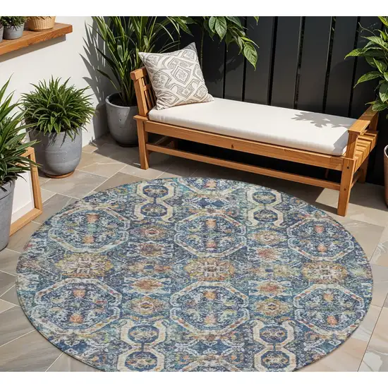 8' Denim Blue Beige And Brown Round Floral Washable Indoor Outdoor Area Rug Photo 1