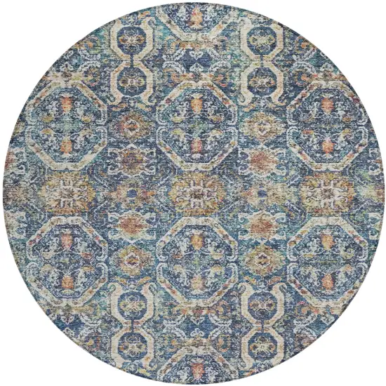 8' Denim Blue Beige And Brown Round Floral Washable Indoor Outdoor Area Rug Photo 2