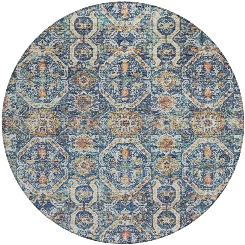 8' Denim Blue Beige And Brown Round Floral Washable Indoor Outdoor Area Rug Photo 2