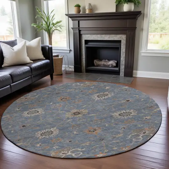 8' Denim Blue Beige And Copper Floral Washable Round Rug With UV Protection Photo 4
