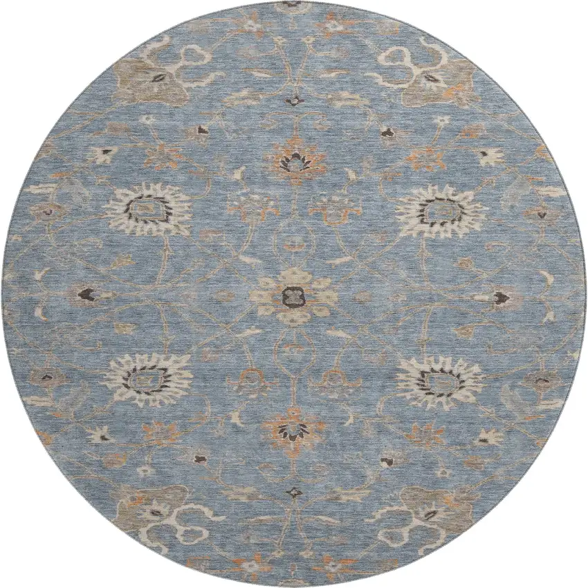 8' Denim Blue Beige And Copper Floral Washable Round Rug With UV Protection Photo 1