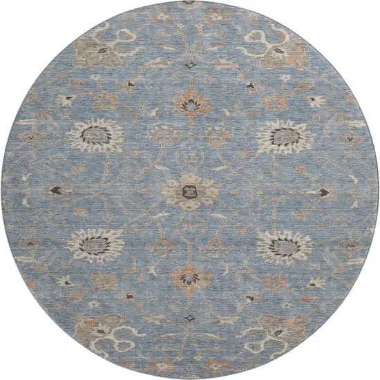 8' Denim Blue Beige And Copper Floral Washable Round Rug With UV Protection Photo 1