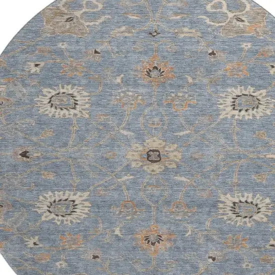 8' Denim Blue Beige And Copper Floral Washable Round Rug With UV Protection Photo 2