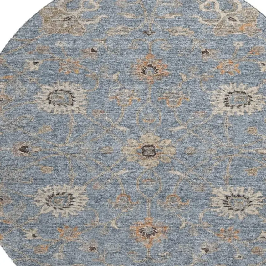 8' Denim Blue Beige And Copper Floral Washable Round Rug With UV Protection Photo 2