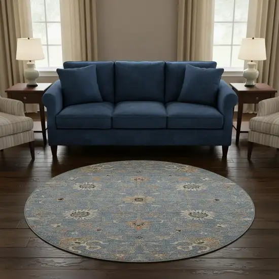 8' Denim Blue Beige And Copper Floral Washable Round Rug With UV Protection Photo 2