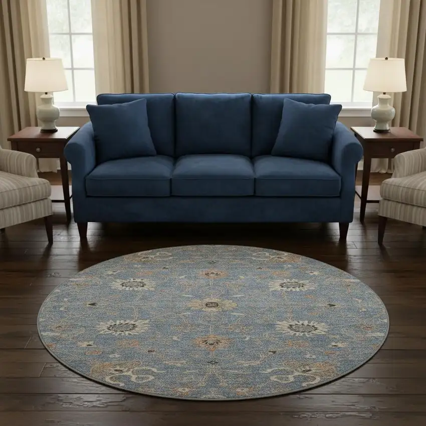 8' Denim Blue Beige And Copper Floral Washable Round Rug With UV Protection Photo 2
