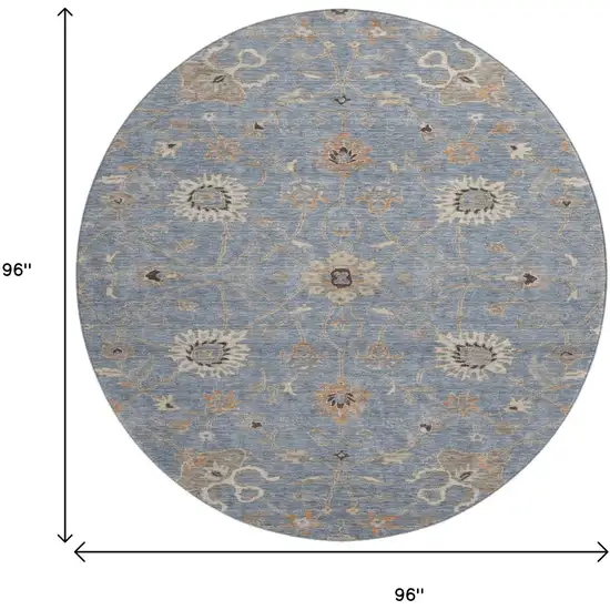 8' Denim Blue Beige And Copper Floral Washable Round Rug With UV Protection Photo 9