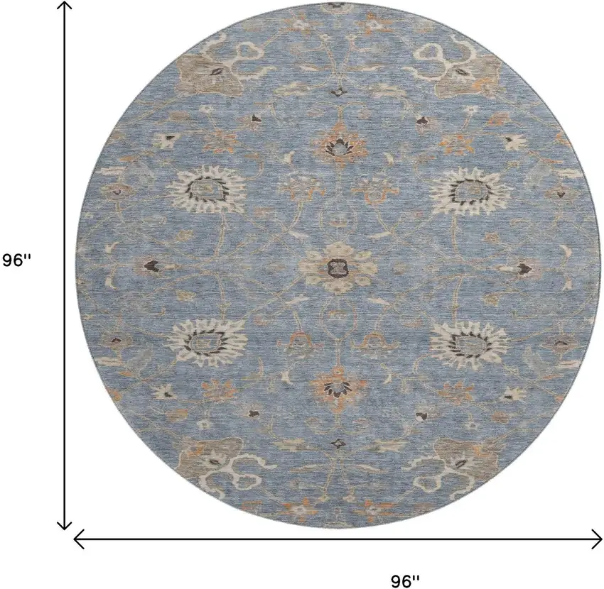 8' Denim Blue Beige And Copper Floral Washable Round Rug With UV Protection Photo 9
