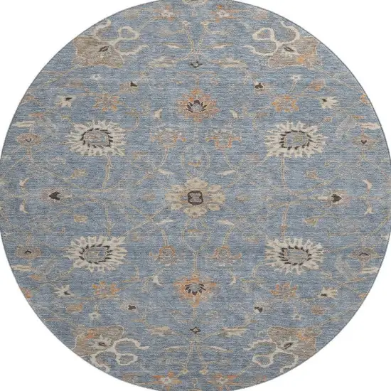 8' Denim Blue Beige And Copper Floral Washable Round Rug With UV Protection Photo 3