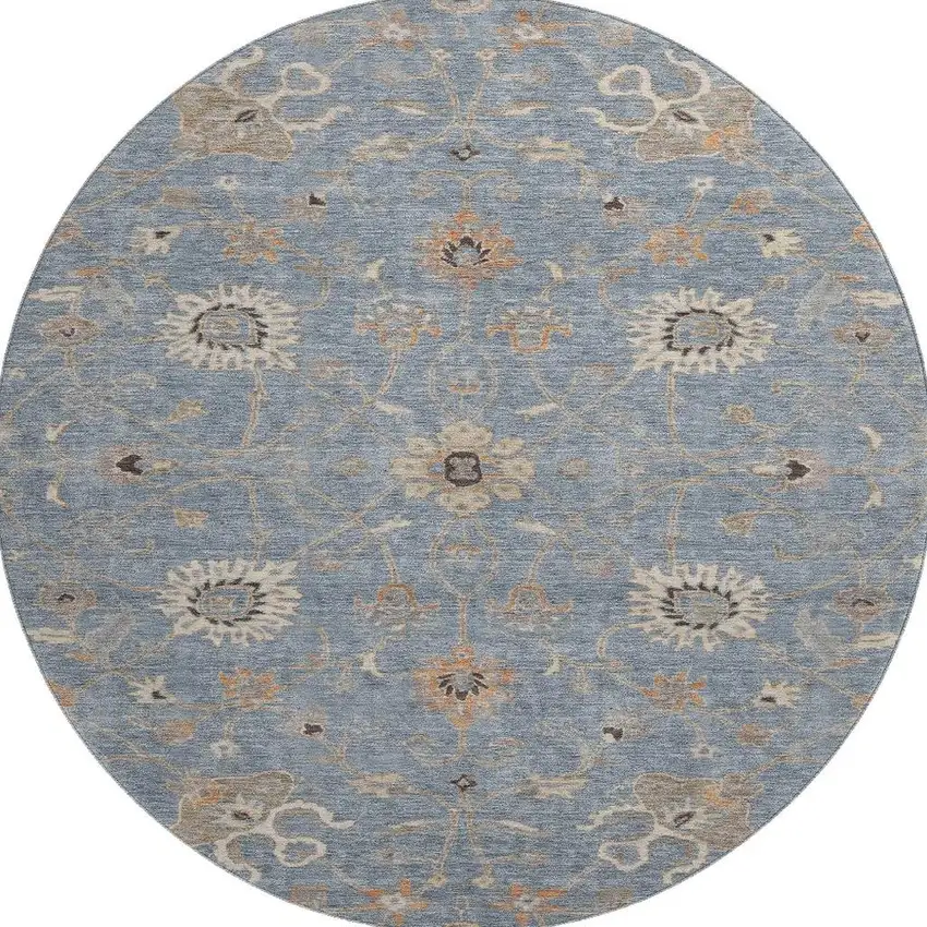 8' Denim Blue Beige And Copper Floral Washable Round Rug With UV Protection Photo 3