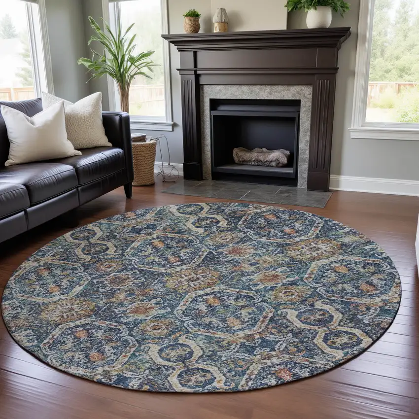 8' Denim Blue Beige And Copper Medallion Washable Round Rug With UV Protection Photo 4
