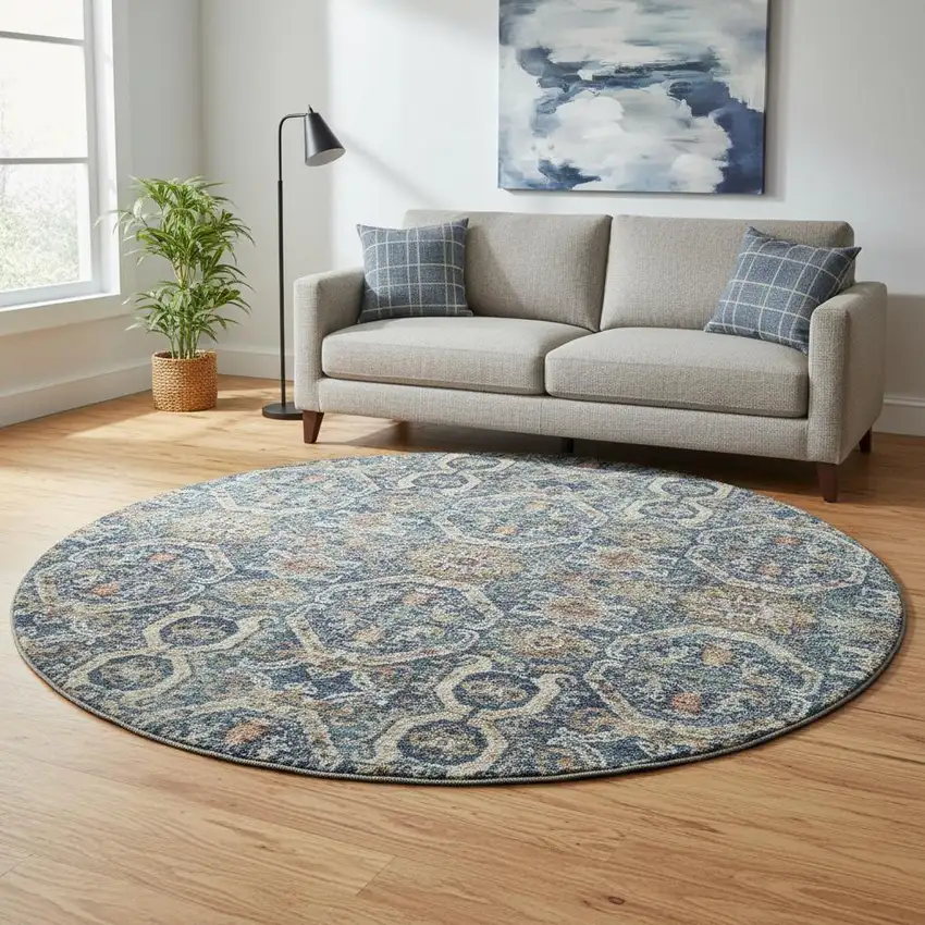 8' Denim Blue Beige And Copper Medallion Washable Round Rug With UV Protection Photo 2