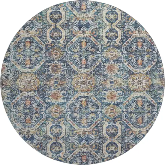 8' Denim Blue Beige And Copper Medallion Washable Round Rug With UV Protection Photo 1