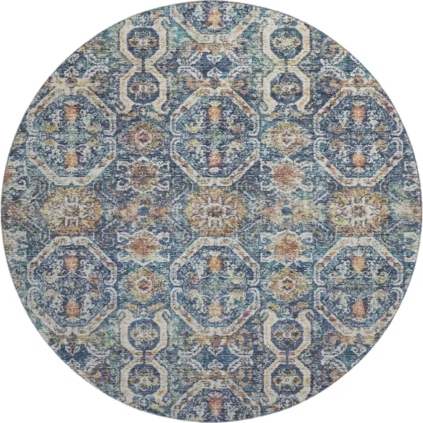 8' Denim Blue Beige And Copper Medallion Washable Round Rug With UV Protection Photo 1
