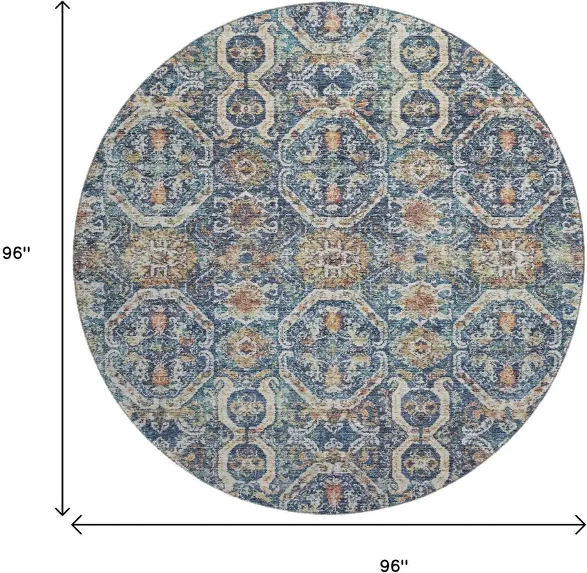 8' Denim Blue Beige And Copper Medallion Washable Round Rug With UV Protection Photo 9