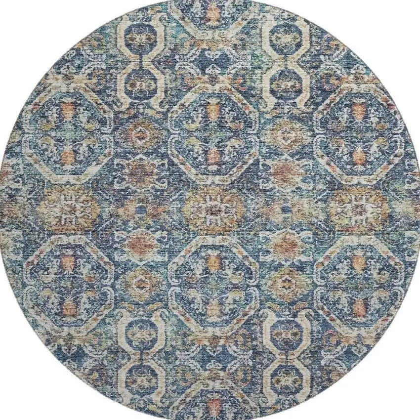 8' Denim Blue Beige And Copper Medallion Washable Round Rug With UV Protection Photo 3