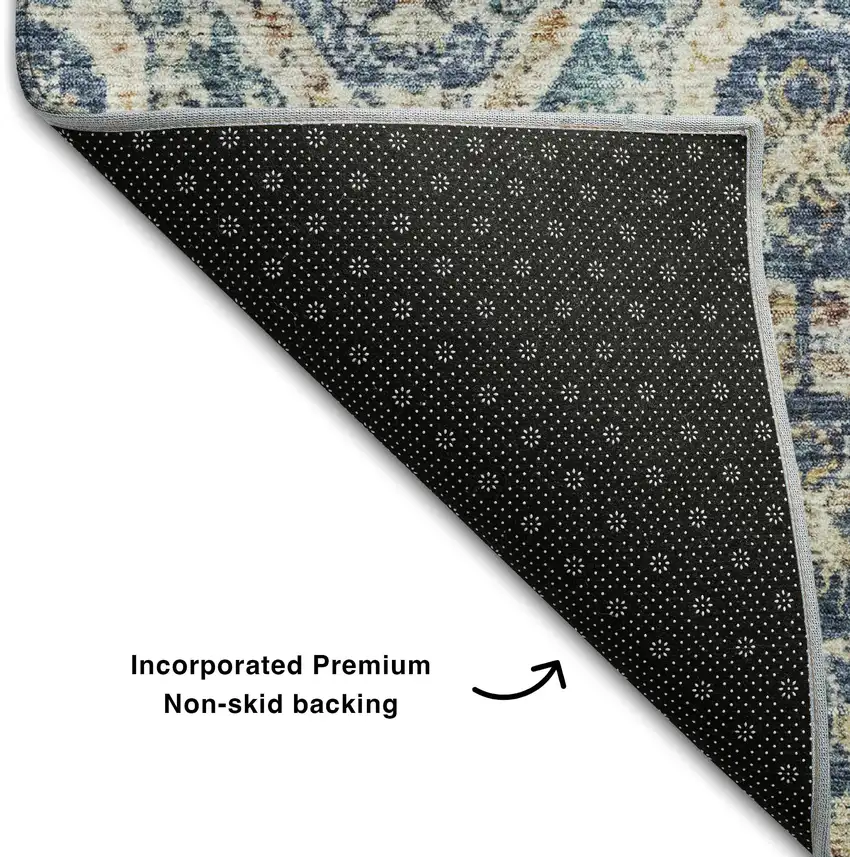 8' Denim Blue Beige And Copper Medallion Washable Round Rug With UV Protection Photo 6