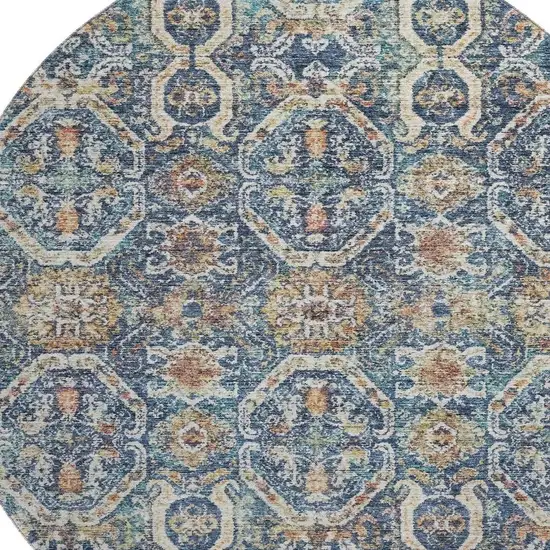 8' Denim Blue Beige And Copper Medallion Washable Round Rug With UV Protection Photo 2
