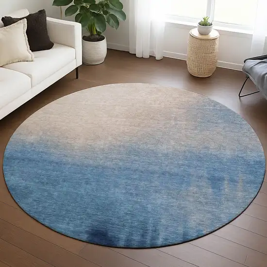 8' Denim Blue Beige And Cream Round Abstract Washable Indoor Outdoor Area Rug Photo 5