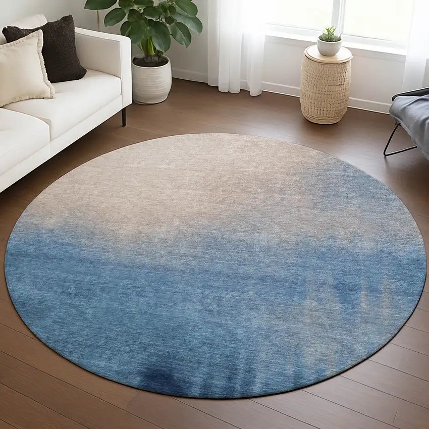 8' Denim Blue Beige And Cream Round Abstract Washable Indoor Outdoor Area Rug Photo 5