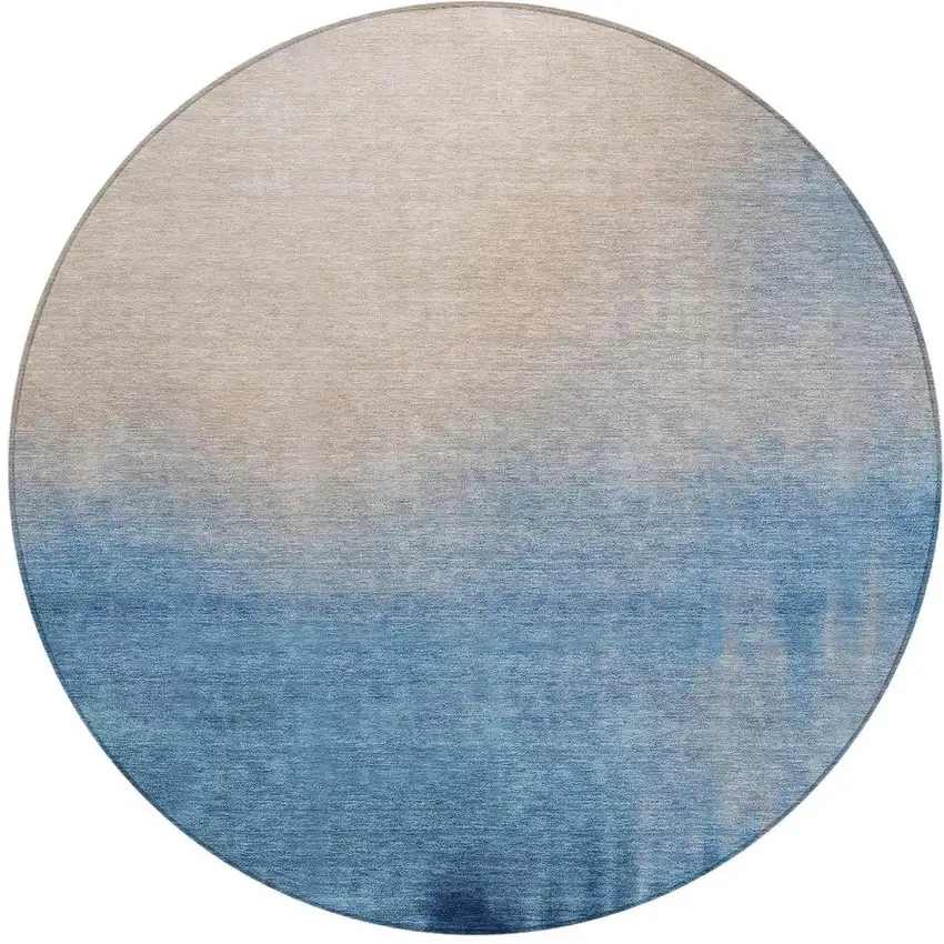 8' Denim Blue Beige And Cream Round Abstract Washable Indoor Outdoor Area Rug Photo 3