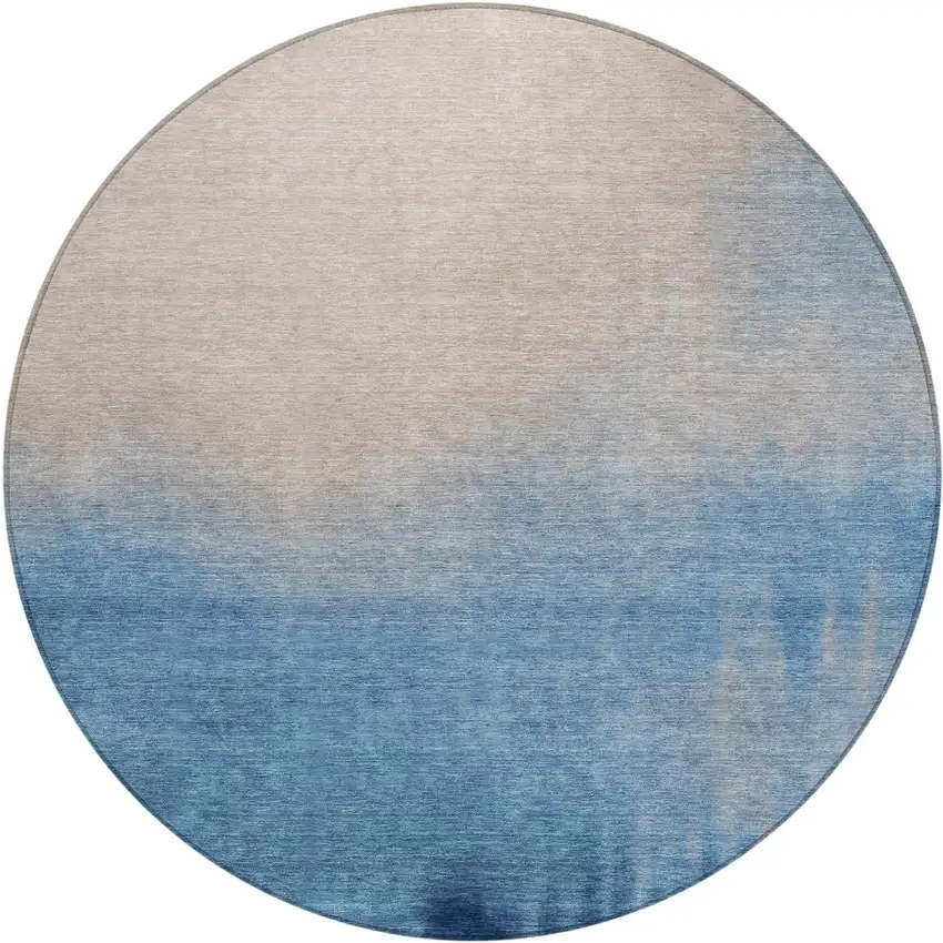 8' Denim Blue Beige And Cream Round Abstract Washable Indoor Outdoor Area Rug Photo 1