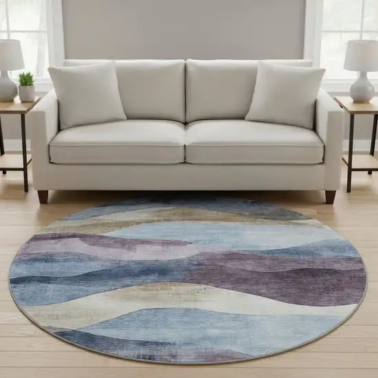 8' Denim Blue Beige And Eggplant Abstract Washable Round Rug With UV Protection Photo 2