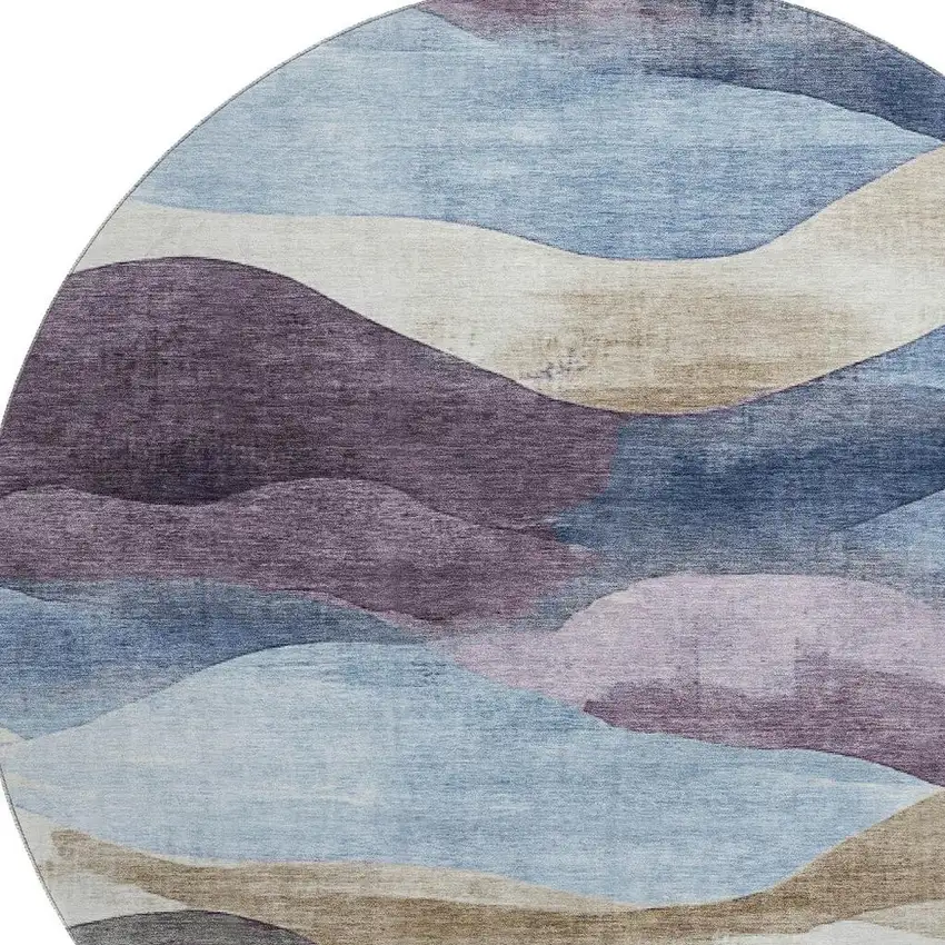 8' Denim Blue Beige And Eggplant Abstract Washable Round Rug With UV Protection Photo 3