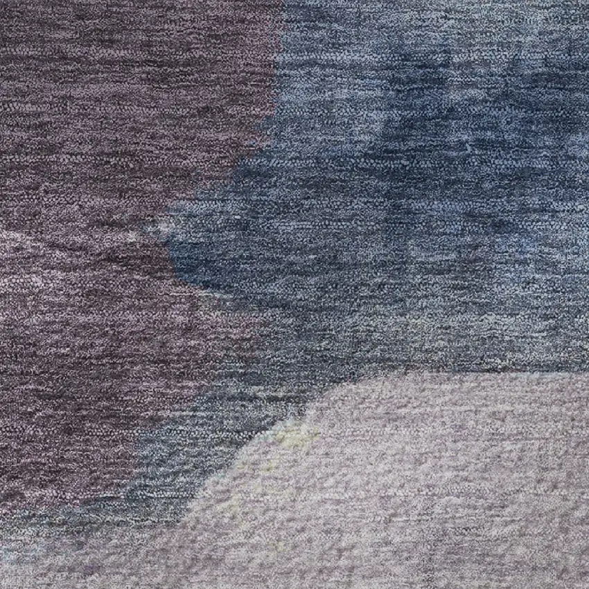 8' Denim Blue Beige And Eggplant Abstract Washable Round Rug With UV Protection Photo 9