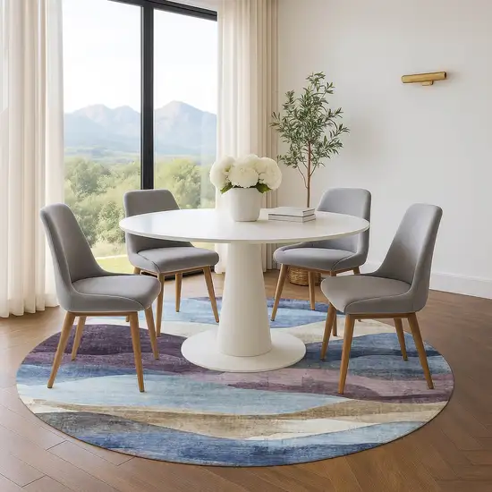 8' Denim Blue Beige And Eggplant Abstract Washable Round Rug With UV Protection Photo 5