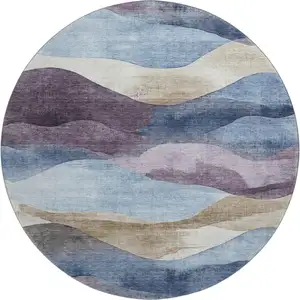 Photo of 8' Denim Blue Beige And Eggplant Abstract Washable Round Rug With UV Protection