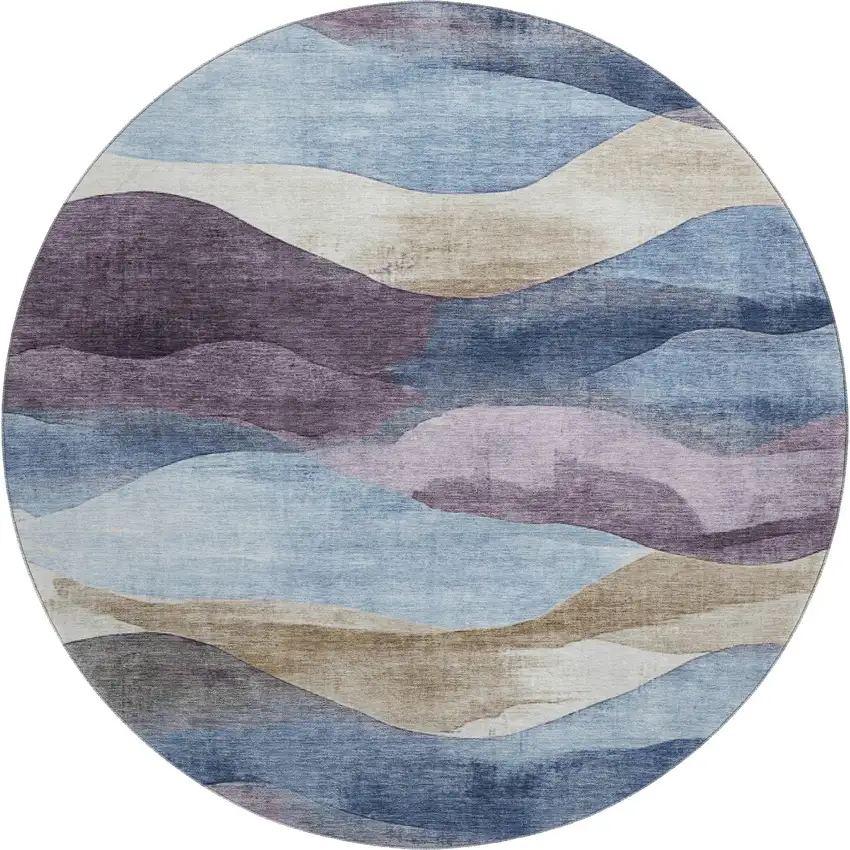 8' Denim Blue Beige And Eggplant Abstract Washable Round Rug With UV Protection Photo 1