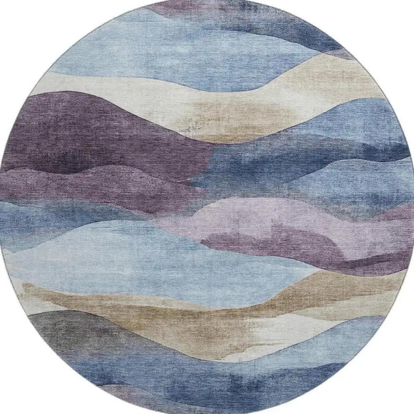 8' Denim Blue Beige And Eggplant Abstract Washable Round Rug With UV Protection Photo 4