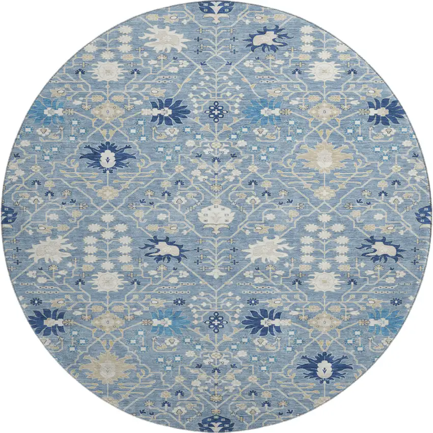 8' Denim Blue Beige And Ivory Oriental Washable Round Rug With UV Protection Photo 1