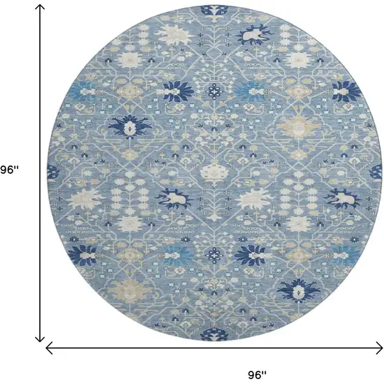 8' Denim Blue Beige And Ivory Oriental Washable Round Rug With UV Protection Photo 8