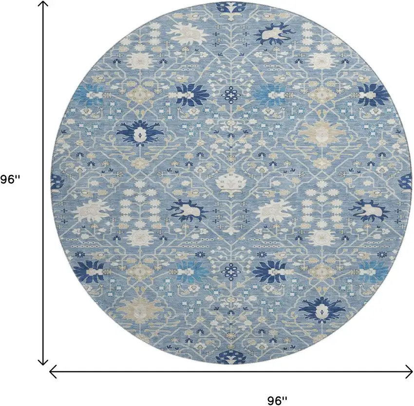 8' Denim Blue Beige And Ivory Oriental Washable Round Rug With UV Protection Photo 8