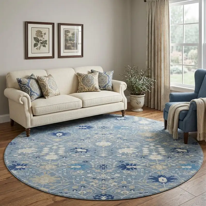 8' Denim Blue Beige And Ivory Oriental Washable Round Rug With UV Protection Photo 1