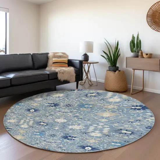 8' Denim Blue Beige And Ivory Oriental Washable Round Rug With UV Protection Photo 3