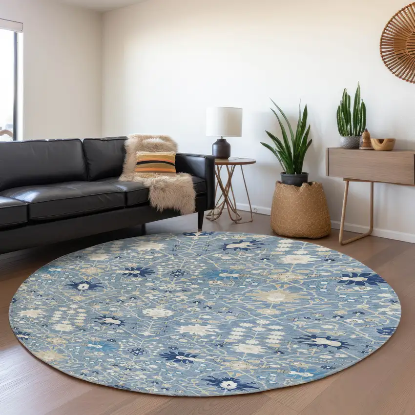 8' Denim Blue Beige And Ivory Oriental Washable Round Rug With UV Protection Photo 3